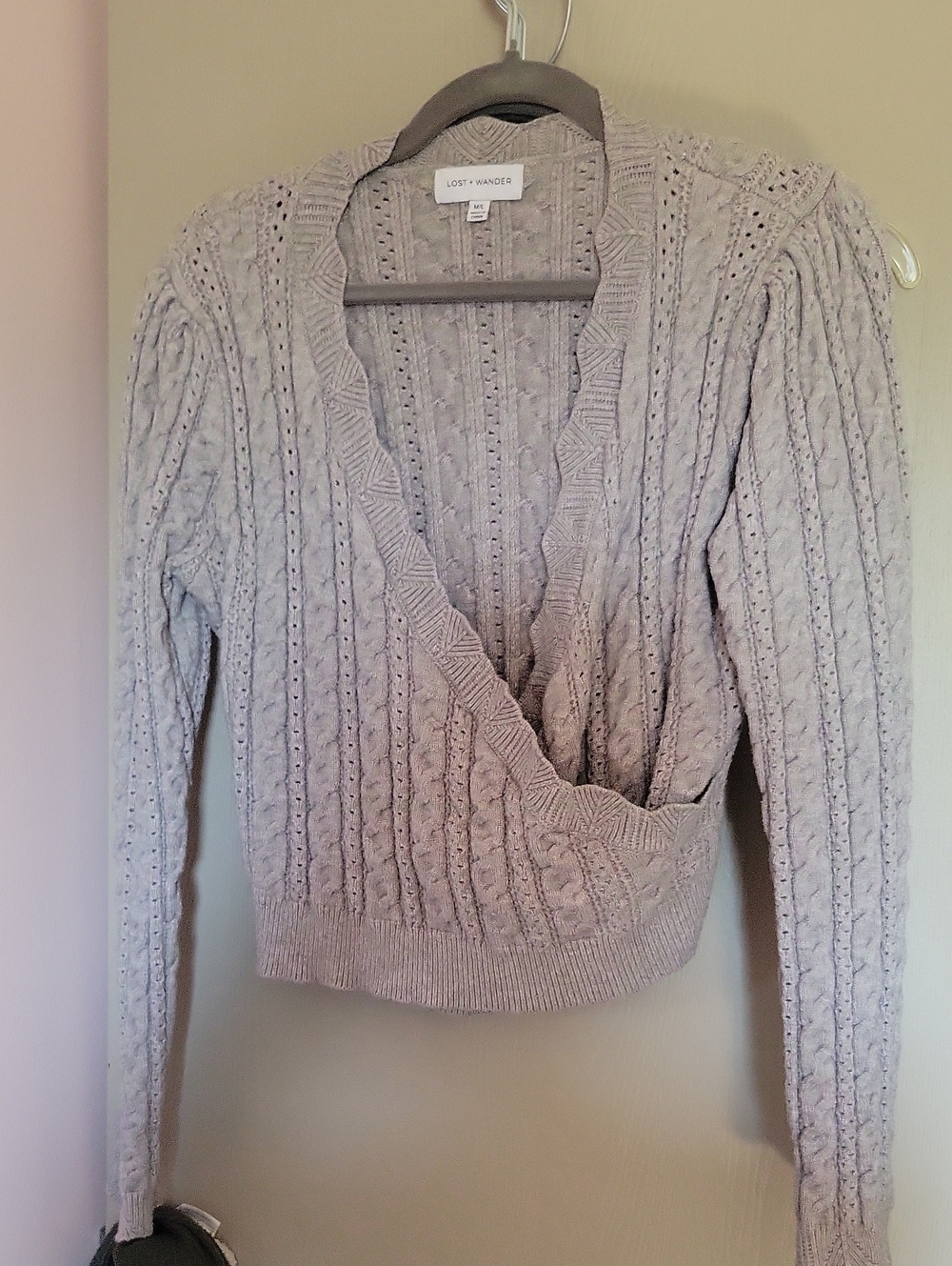 Lost + Wander Light Gray Cable Knit Wrap V-Neck Sweater